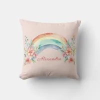 Pretty Watercolor Flowers and Rainbow Throw Pillow