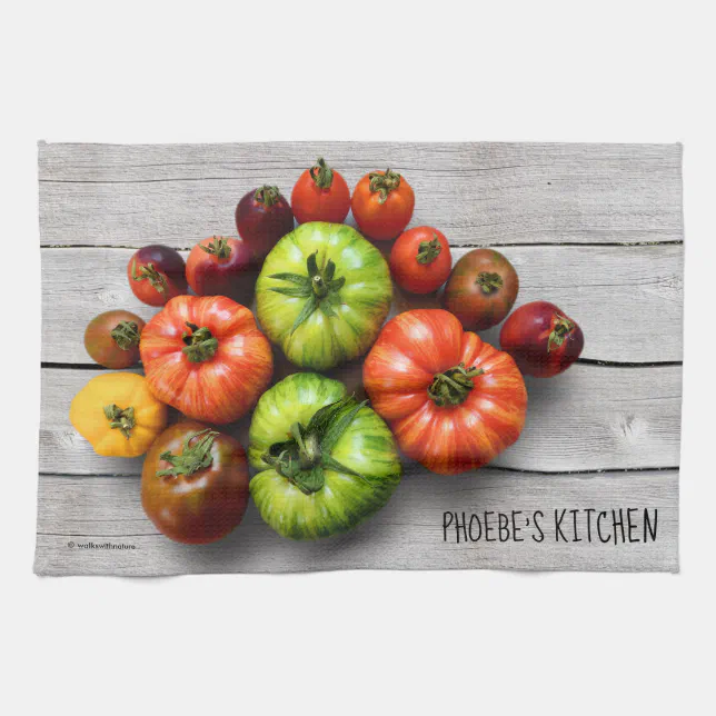 Colorful Striped Tomatoes on Weathered Table Kitchen Towel