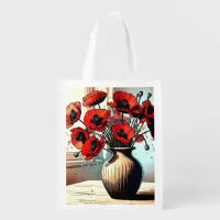 Pretty Vase of Red Poppies Grocery Bag