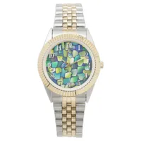 Monogram Green Abstract Tiles Green Watercolor Watch