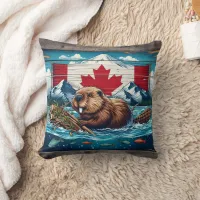 Beaver Builds Lodge, Flag Behind Throw Pillow