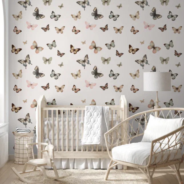 Elegant Butterfly Muted Neutral Blush Girl Nursery Wallpaper