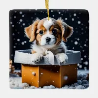 Cute Puppy Dog in a Gift Box Christmas Ceramic Ornament