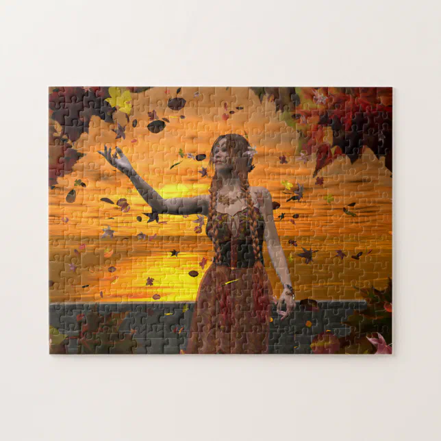 Elf in Falling Leaves Against an Autumn Sunset Jigsaw Puzzle