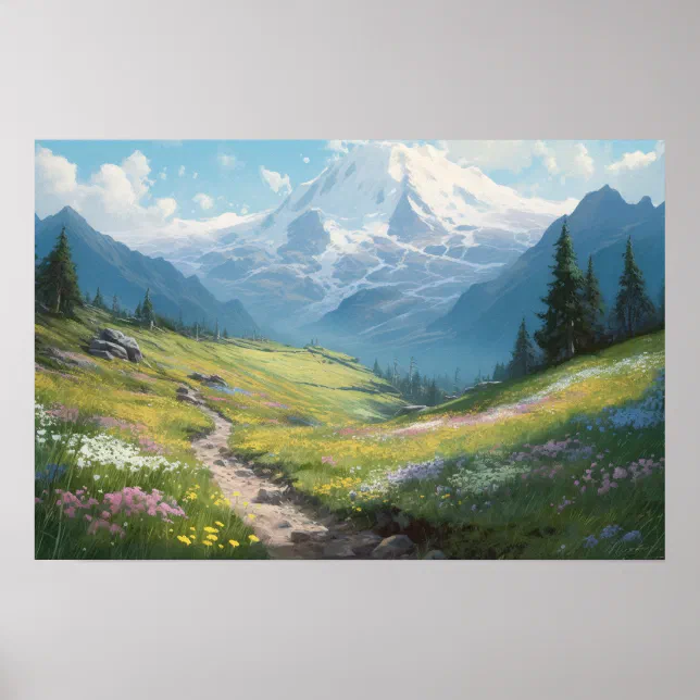 Oil painting winding path foothills of mountains poster