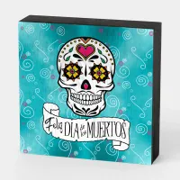 Sugar Skulls and Swirls Rose Turquoise ID725 Wooden Box Sign