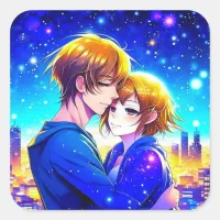 Anime Couple Cuddling with a City View Square Sticker
