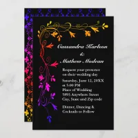 Colorful Floral Vines on Black Background Wedding Invitation