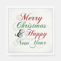 Merry Christmas Happy New Year Silver Glitter Napkins