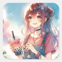 Cute Anime Girl Holding a Boba Tea Square Sticker