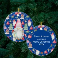 Christmas Santa Gnome & Blue Pattern Holiday Quote Ceramic Ornament