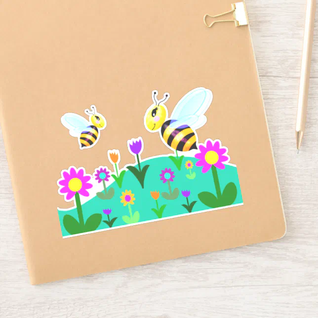 Happy bees in a flower field sticker