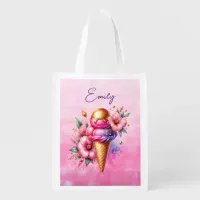 Pretty Pink and Gold Ice Cream Cone Floral Grocery Bag