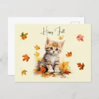 Cute Orange Tabby Kitten in Fall Leaves Postcard