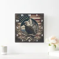 Bald Eagle by Mountains and Flag Square Wall Clock