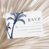 Palm Tree Tropical Beach Navy Blue Wedding RSVP Card