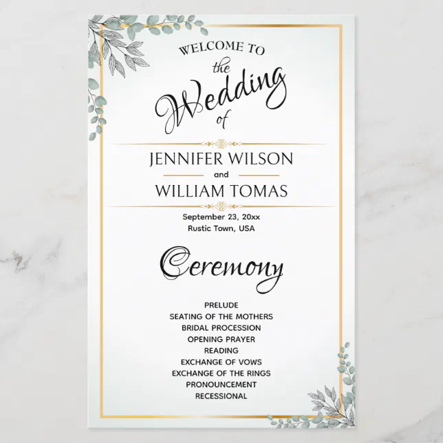 Green Gold Elegant Ceremony Budget Wedding Program