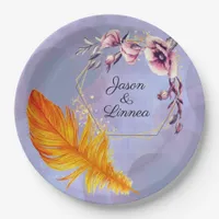 Quirky Flame Orange Feather with Pastel Flowers   Paper Plates