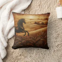 Black Horse Galloping at Sunset Throw Pillow