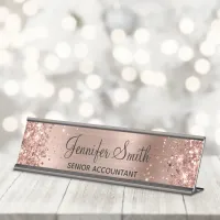 Girly Glittery Faux Rose Gold Foil Desk Name Plate