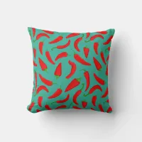 Red Chilli Pepper Pattern on Blue Fun Throw Pillow