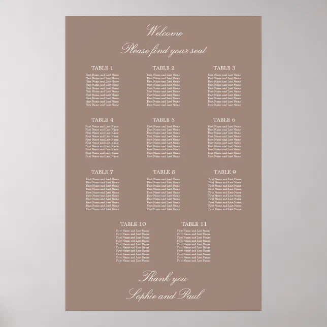 Taupe 11 Table Wedding Seating Chart Poster