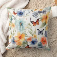 Watercolor Flowers and Butterflies Botanical Print Throw Pillow