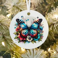 Blue Butterfly and Flowers  Personalized Christmas Metal Ornament