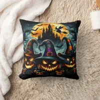 Halloween pumpkins and witches at dusk throw pillow