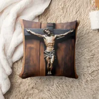 Jesus Crucified on a Wooden Cross Throw Pillow