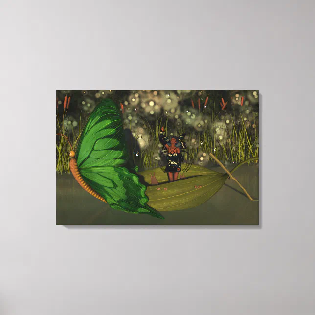 Cute Fairy in Boat with Fireflies Canvas Print