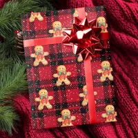 Tartan Red Black Gingerbread Snowfall Christmas Wrapping Paper