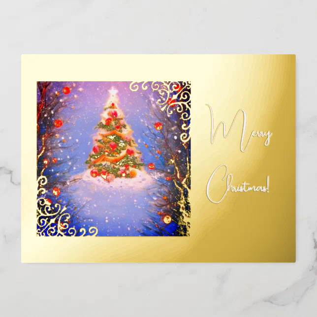 Christmas tree under the snow with gold foil holiday postcard