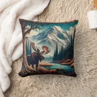 Moose by Mountain Stream in Autumn Landscape Throw Pillow