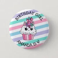 Little Girl's Birthday Girl Unicorn Cupcake Button
