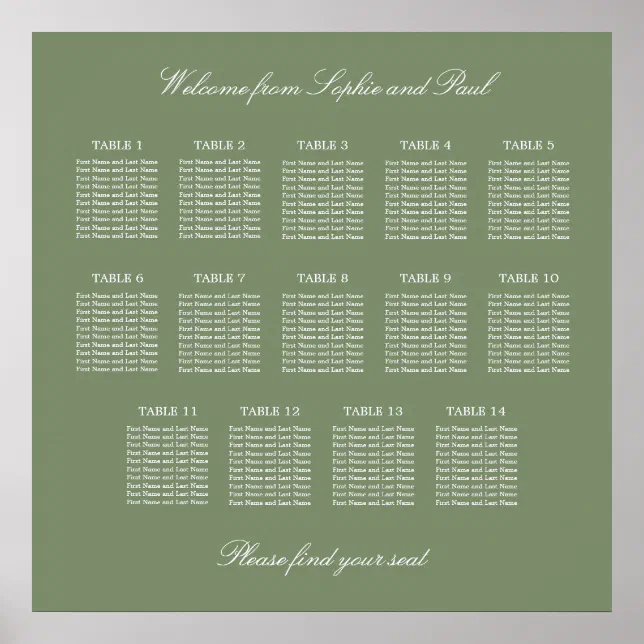 Sage Green 14 Table Wedding Seating Chart Poster