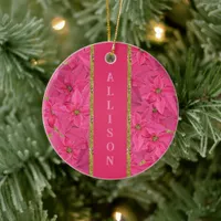 Fuchsia colored poinsettias, floral pattern custom ceramic ornament