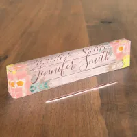 Light Rose Gold Rustic Wood Watercolor Floral Desk Name Plate