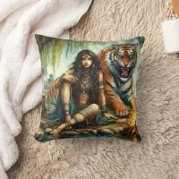 Native American Woman Sitting With Tiger By Water Throw Pillow