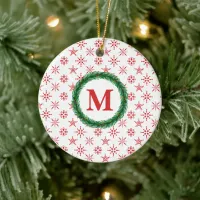 Wreath Monogram Your Name Red Snowflakes White Ceramic Ornament