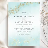 Modern Luxe Gold Flecks Teal Watercolor Wedding Invitation