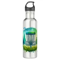 Disc Golf Basket and Pine Trees Blue and Green Stainless Steel Water Bottle