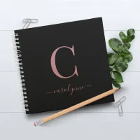 Girly Black Pink Rose Gold Monogram Name Notebook