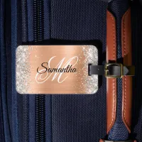 Silver Glitter Peach Foil Fancy Monogram Luggage Tag