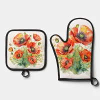 Poppy Flowers Plants Wildflowers Red Poppies Oven Mitt & Pot Holder Set