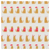 Christmas Ginger Cat Santa Hats Pattern on White Fabric