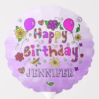 Purple Whimsical Happy Birthday Flowers and Hearts Balloon