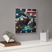 Majestic Moose Among Mountains and American Flags Square Wall Clock