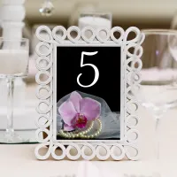 Pink Orchid and Pearls on Black Wedding Table Number