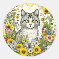 Gray Kitty Cat Sitting in Flowers  Classic Round Sticker